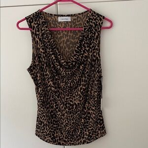 🐆Calvin Klein Suits~sleeveless blouse with draped cowl neckline in leopard print